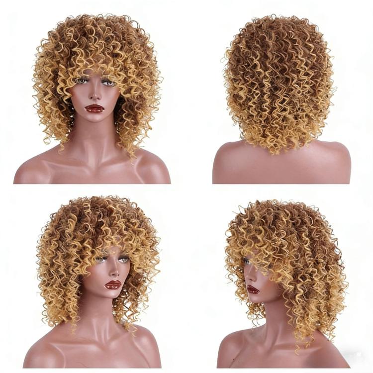 Parrucca corta afro riccia con frangia, in fibra sintetica soffice, resistente al calore, senza colla, ideale per cosplay, uso quotidiano e feste.