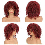 Parrucca corta afro riccia con frangia, in fibra sintetica soffice, resistente al calore, senza colla, ideale per cosplay, uso quotidiano e feste.