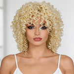 Parrucca corta afro riccia con frangia, in fibra sintetica soffice, resistente al calore, senza colla, ideale per cosplay, uso quotidiano e feste.