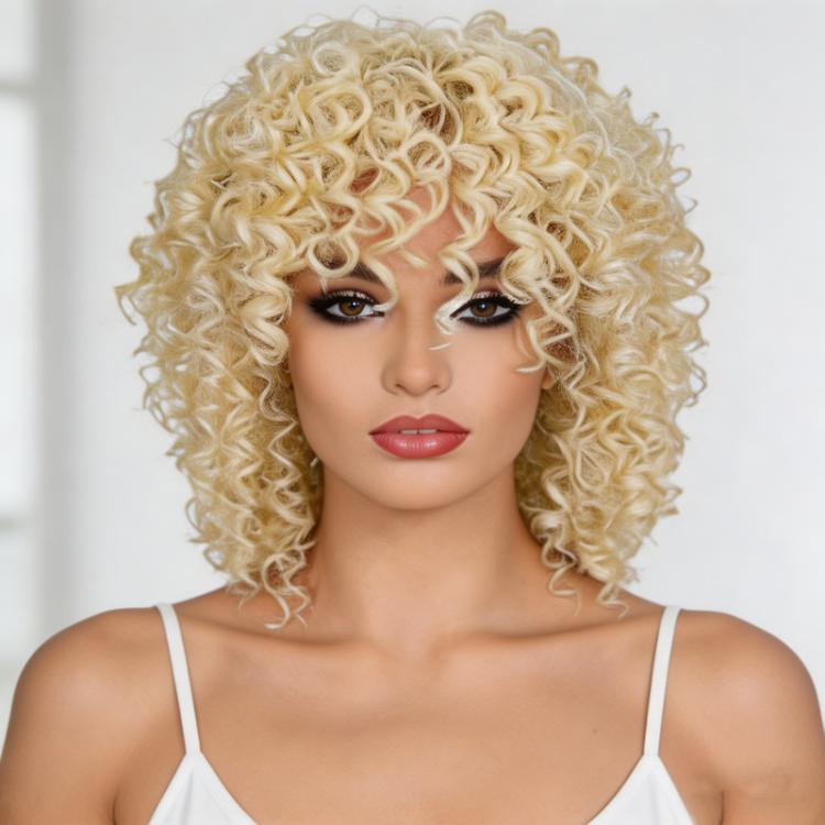 Parrucca corta afro riccia con frangia, in fibra sintetica soffice, resistente al calore, senza colla, ideale per cosplay, uso quotidiano e feste.