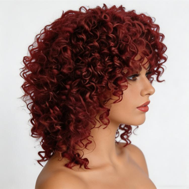 Parrucca corta afro riccia con frangia, in fibra sintetica soffice, resistente al calore, senza colla, ideale per cosplay, uso quotidiano e feste.