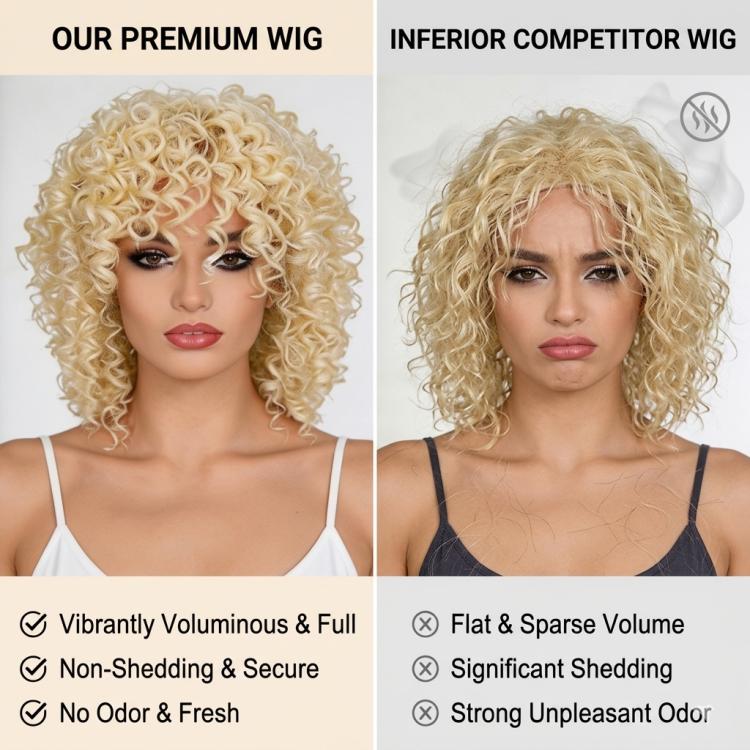 Parrucca corta afro riccia con frangia, in fibra sintetica soffice, resistente al calore, senza colla, ideale per cosplay, uso quotidiano e feste.