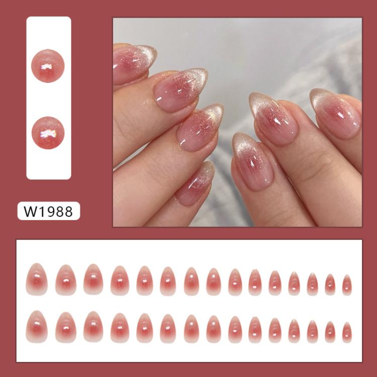 30 pezzi/confezione Unghie finte adesive rosa effetto occhi di gatto, corte, a mandorla, lucide, magnetiche, traslucide, con glitter sfumati, da incollare per donna