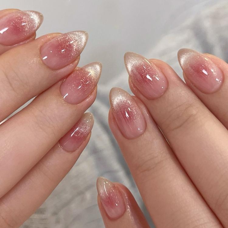 30 pezzi/confezione Unghie finte adesive rosa effetto occhi di gatto, corte, a mandorla, lucide, magnetiche, traslucide, con glitter sfumati, da incollare per donna