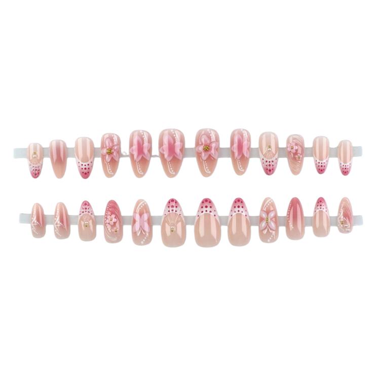 Set di 24 unghie finte 3D a forma di fiore, rosa sfumato, a mandorla, stile dolce, kit manicure per donne