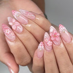 Set di 24 unghie finte 3D a forma di fiore, rosa sfumato, a mandorla, stile dolce, kit manicure per donne