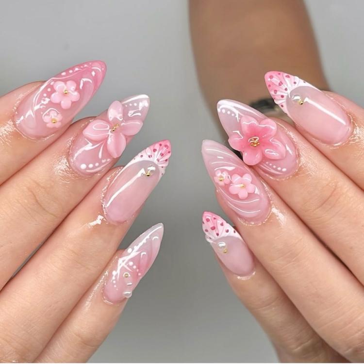 Set di 24 unghie finte 3D a forma di fiore, rosa sfumato, a mandorla, stile dolce, kit manicure per donne