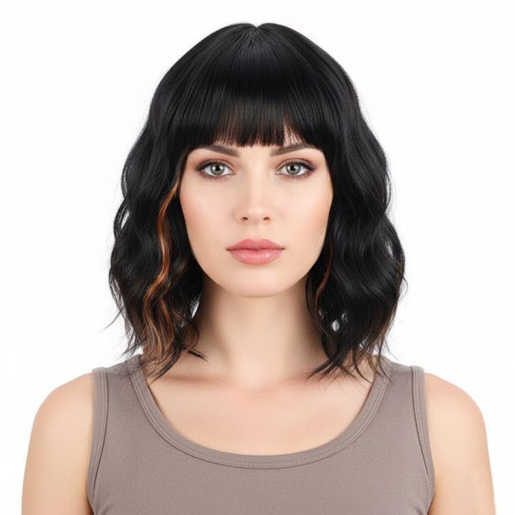 Capelli corti ondulati con frangia laterale, riga naturale, capelli sintetici corti
