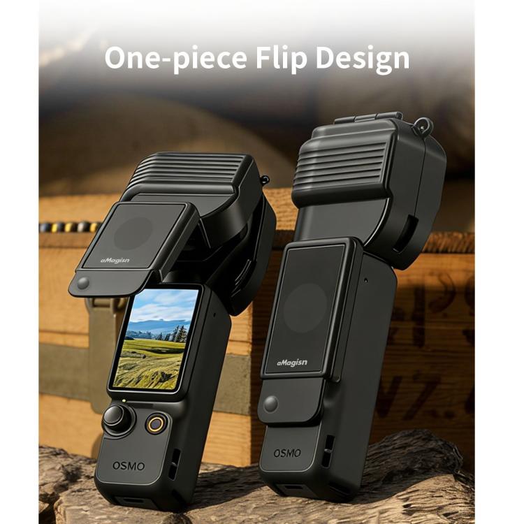 Custodia protettiva per gimbal aMagisn per DJI Osmo Pocket 4 con design a ribalta monoblocco e protezione integrata per joystick 3D.