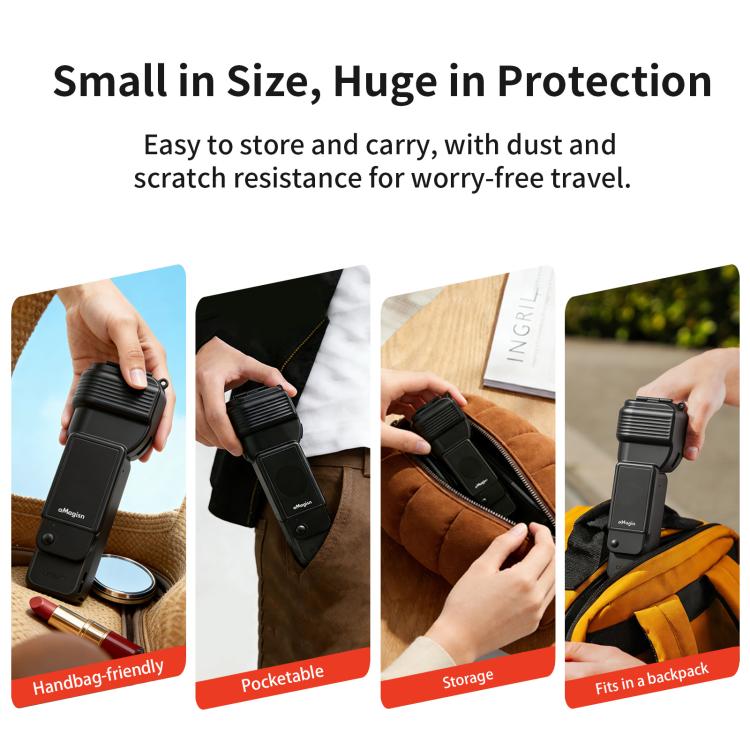 Custodia protettiva per gimbal aMagisn per DJI Osmo Pocket 4 con design a ribalta monoblocco e protezione integrata per joystick 3D.