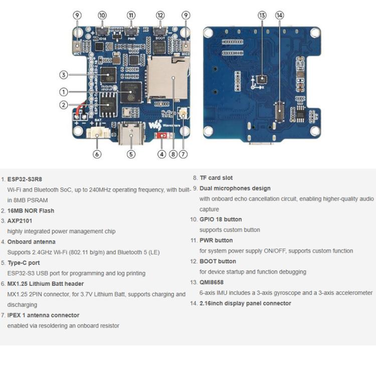 Waveshare 33970 ESP32-S3 Scheda di sviluppo con display AMOLED da 2,16 pollici, supporta doppi microfoni, Wi-Fi a 2,4 GHz e BLE 5, 33970