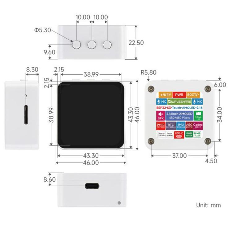Waveshare 33970 ESP32-S3 Scheda di sviluppo con display AMOLED da 2,16 pollici, supporta doppi microfoni, Wi-Fi a 2,4 GHz e BLE 5, 33970
