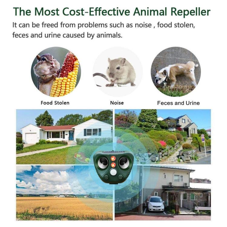 Repellente per animali a ultrasuoni, impermeabile, a energia solare, a cinque velocità e modulazione di frequenza, per esterni., 703