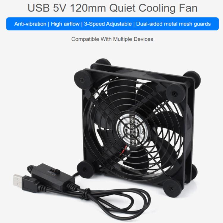 Ventola di raffreddamento silenziosa Waveshare 34398 USB 5V da 120 mm, regolabile su 3 velocità, controllo PWM, flusso d'aria elevato, design antivibrazione., Single, Double