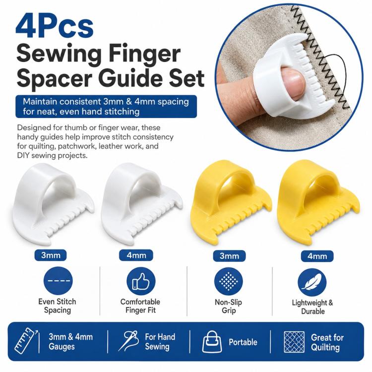 Set di 4 distanziatori per dita da cucito per una spaziatura uniforme dei punti, ideale per cucito a mano, trapuntatura e cucitura precisa. Include distanziatori da 3 mm e 4 mm.