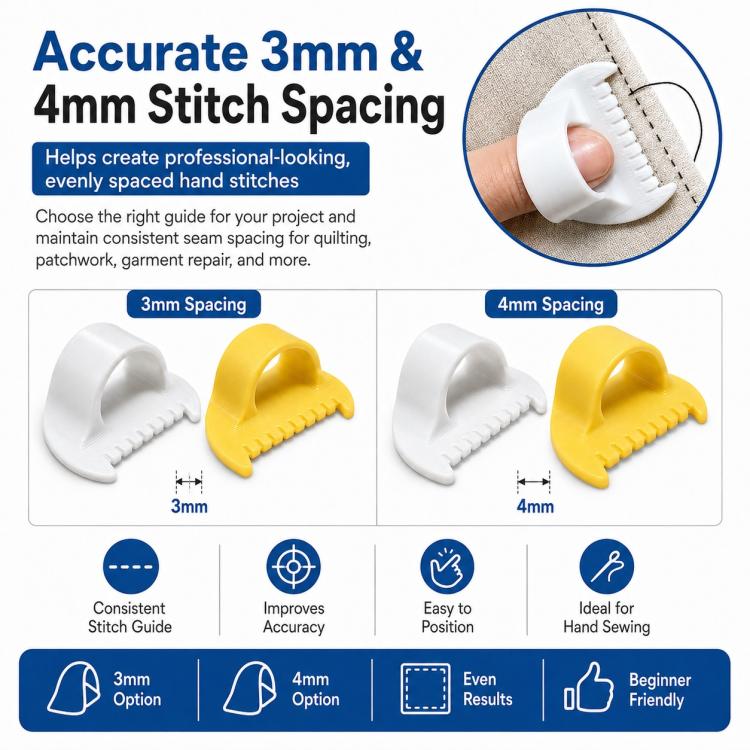 Set di 4 distanziatori per dita da cucito per una spaziatura uniforme dei punti, ideale per cucito a mano, trapuntatura e cucitura precisa. Include distanziatori da 3 mm e 4 mm.