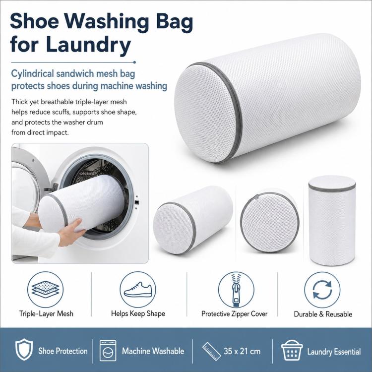 Sacchetto per il lavaggio delle scarpe, sacchetto cilindrico in rete per il bucato con cerniera resistente, anti-deformazione e rete protettiva per il bucato, 35x21cm