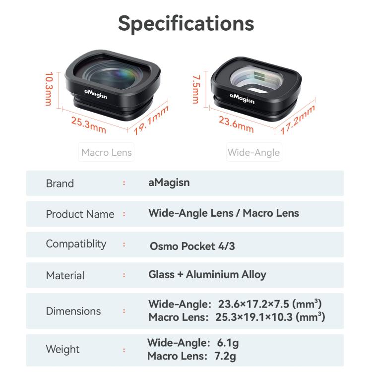 Filtro magnetico in vetro ottico per obiettivo DJI Osmo Pocket 4/3 con montatura in lega di alluminio., aMagisn Macro Lens 10X, aMagisn Wide Angle Lens 0.72X