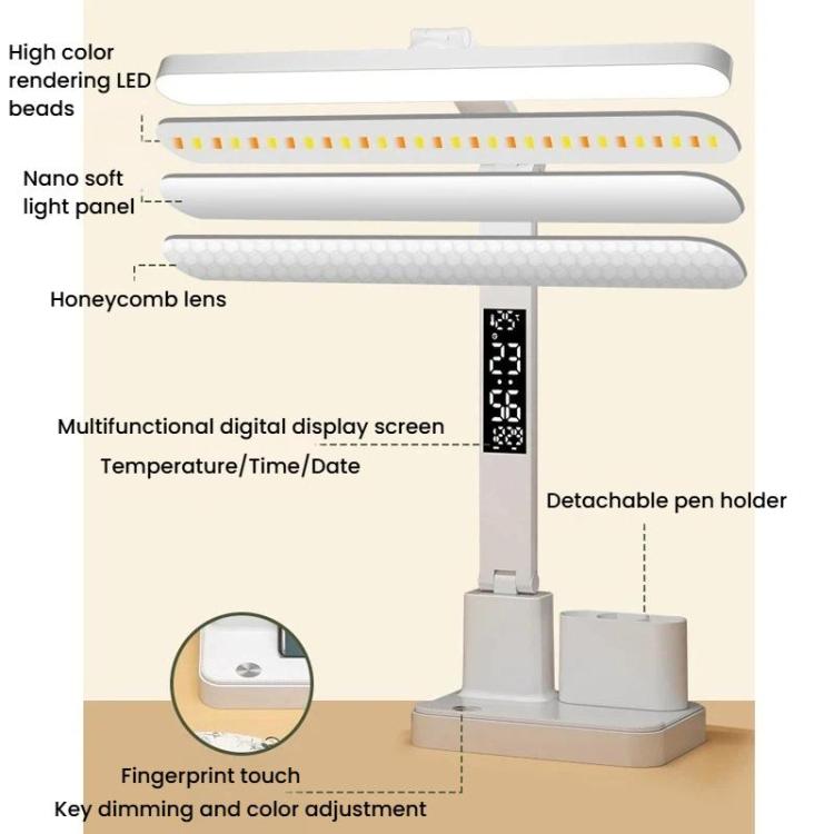 Lampada da scrivania a LED portatile Xiawule con display dell'ora e portapenne, dimmerabile, delicata sugli occhi, ideale per leggere e fare i compiti., 1500mAh, 1800mAh