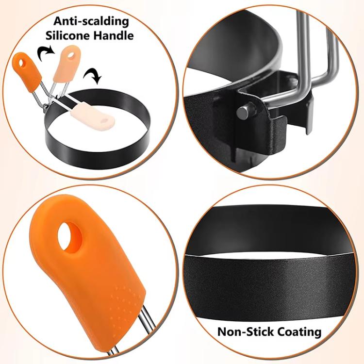 LsCook Padella per uova rotonda da 10 cm in acciaio inossidabile con manico in silicone resistente al calore e stampo antiaderente rinforzato