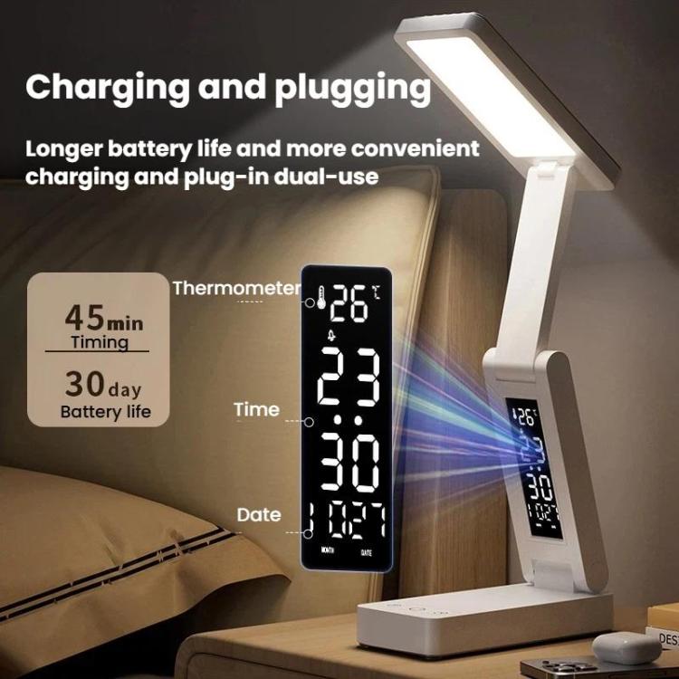 Lampada da scrivania pieghevole con orologio digitale intelligente ricaricabile Xiabule, luce da lettura per comodino che protegge gli occhi.