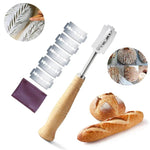 Set di 7 pezzi LsCook in acciaio inox 304: coltello per rifilare il pane, coltello per dividere l'impasto, coltello curvo con manico in legno.