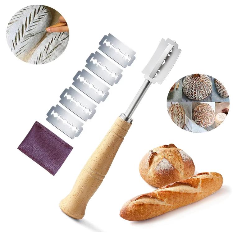 Set di 7 pezzi LsCook in acciaio inox 304: coltello per rifilare il pane, coltello per dividere l'impasto, coltello curvo con manico in legno.