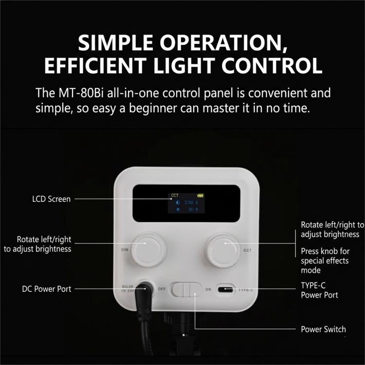 DENGWEI MT-80Bi Luce video COB da 80W, bicolore LED 2700K-6500K, illuminazione continua, CRI 96+, luce da studio, EU Plug, US Plug, UK Plug