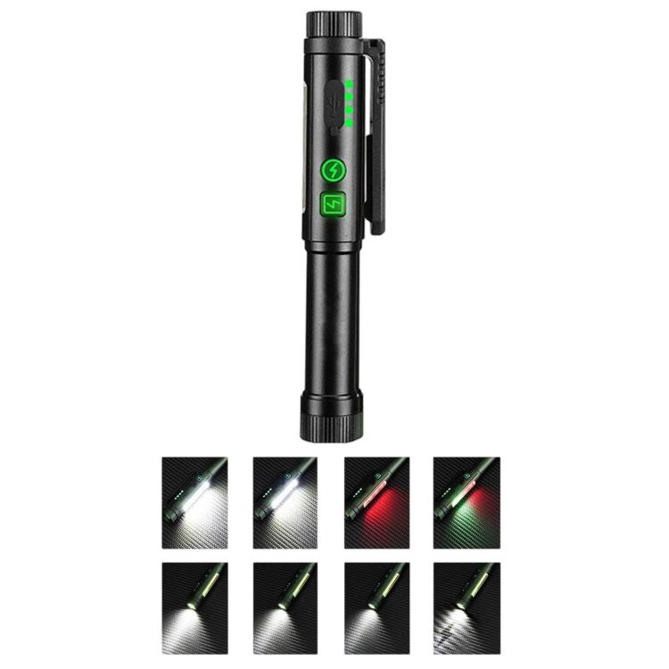 Penna multifunzione con doppia clip magnetica e torcia integrata, ideale per ispezioni e lavori all'aperto.