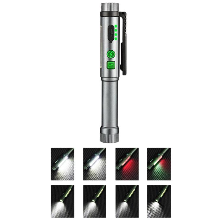 Penna multifunzione con doppia clip magnetica e torcia integrata, ideale per ispezioni e lavori all'aperto.