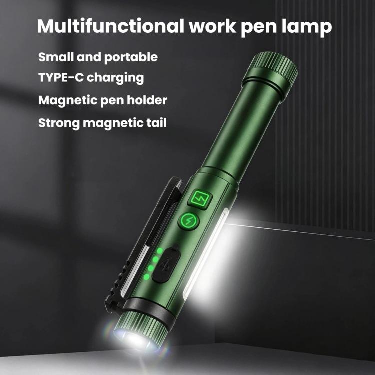Penna multifunzione con doppia clip magnetica e torcia integrata, ideale per ispezioni e lavori all'aperto.