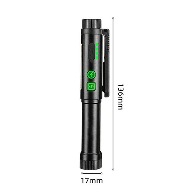 Penna multifunzione con doppia clip magnetica e torcia integrata, ideale per ispezioni e lavori all'aperto.