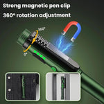 Penna multifunzione con doppia clip magnetica e torcia integrata, ideale per ispezioni e lavori all'aperto.