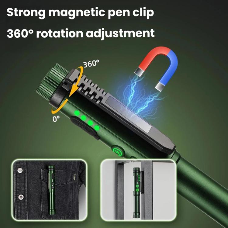 Penna multifunzione con doppia clip magnetica e torcia integrata, ideale per ispezioni e lavori all'aperto.