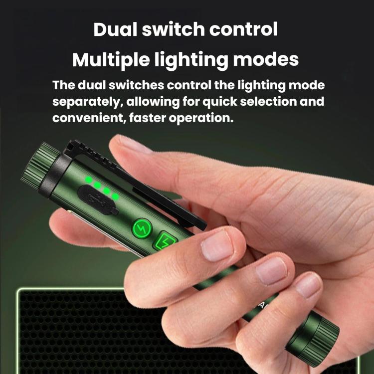 Penna multifunzione con doppia clip magnetica e torcia integrata, ideale per ispezioni e lavori all'aperto.