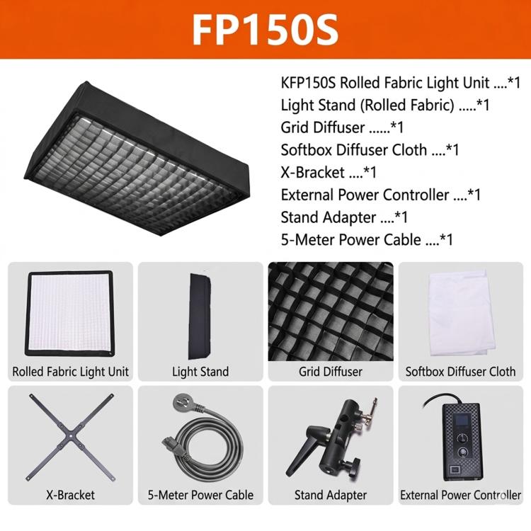 DENGWEI FP150S Luce video a LED arrotolabile da 150 W con griglia, pannello luminoso a LED flessibile bicolore da 2700K a 6500K, EU Plug, US Plug, UK Plug