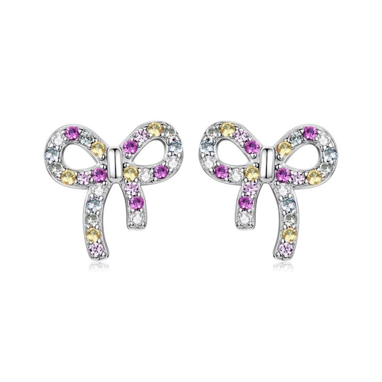 Orecchini a lobo Sweet Bow in argento sterling S925 con zirconi colorati