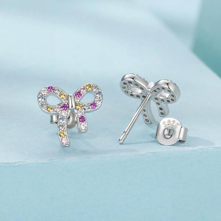 Orecchini a lobo Sweet Bow in argento sterling S925 con zirconi colorati