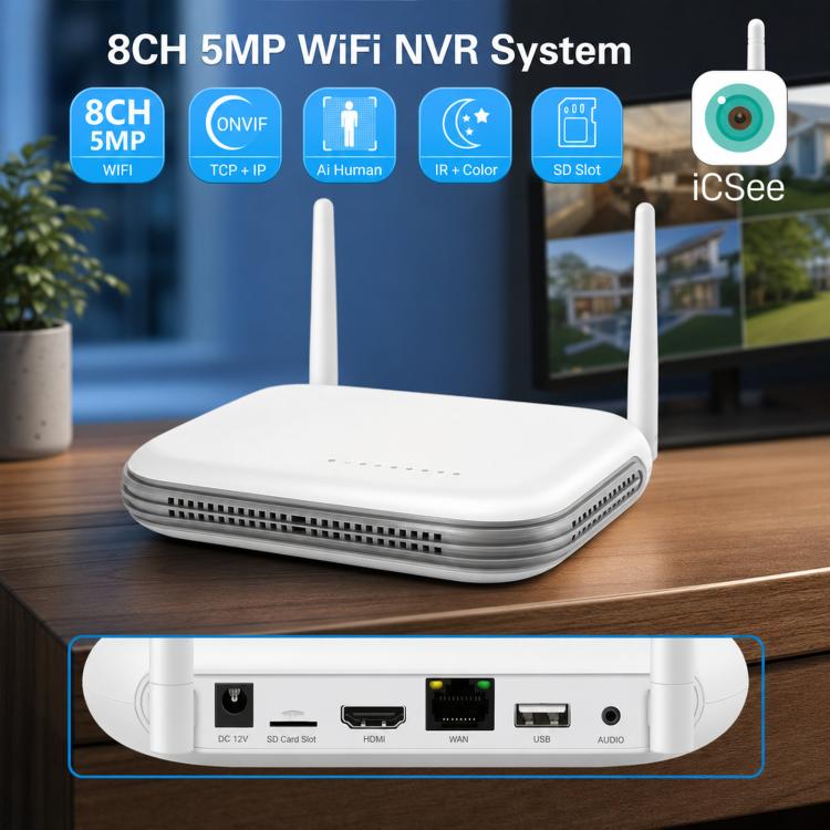 Sistema NVR wireless a 8 canali per telecamere di sicurezza da 5 MP/3 MP, registratore video di rete WiFi, supporto per HDD da 2,5 pollici e scheda TF., US Plug, EU Plug, UK Plug