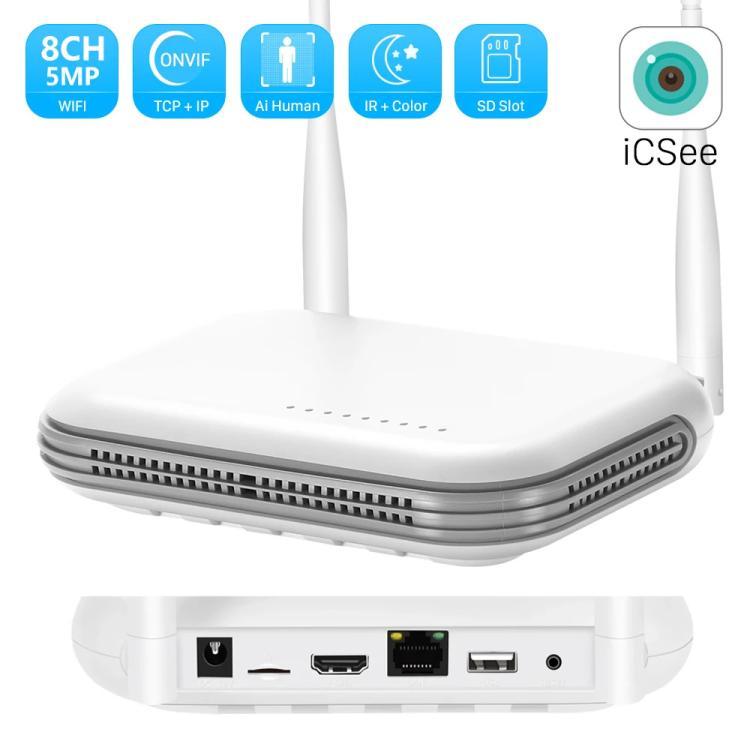 Sistema NVR wireless a 8 canali per telecamere di sicurezza da 5 MP/3 MP, registratore video di rete WiFi, supporto per HDD da 2,5 pollici e scheda TF., US Plug, EU Plug, UK Plug