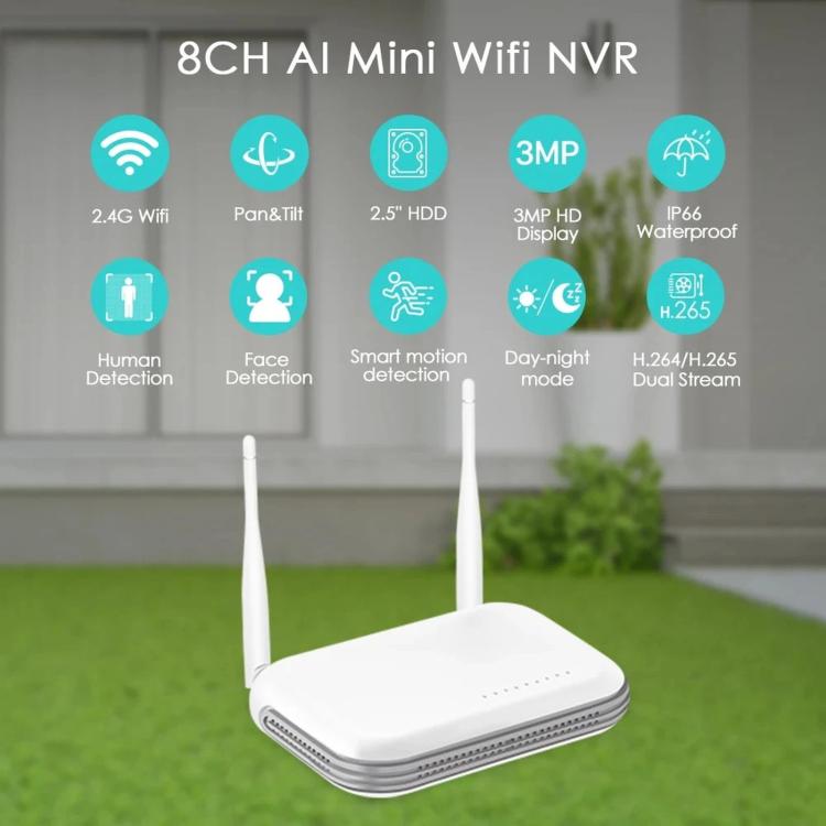 Sistema NVR wireless a 8 canali per telecamere di sicurezza da 5 MP/3 MP, registratore video di rete WiFi, supporto per HDD da 2,5 pollici e scheda TF., US Plug, EU Plug, UK Plug