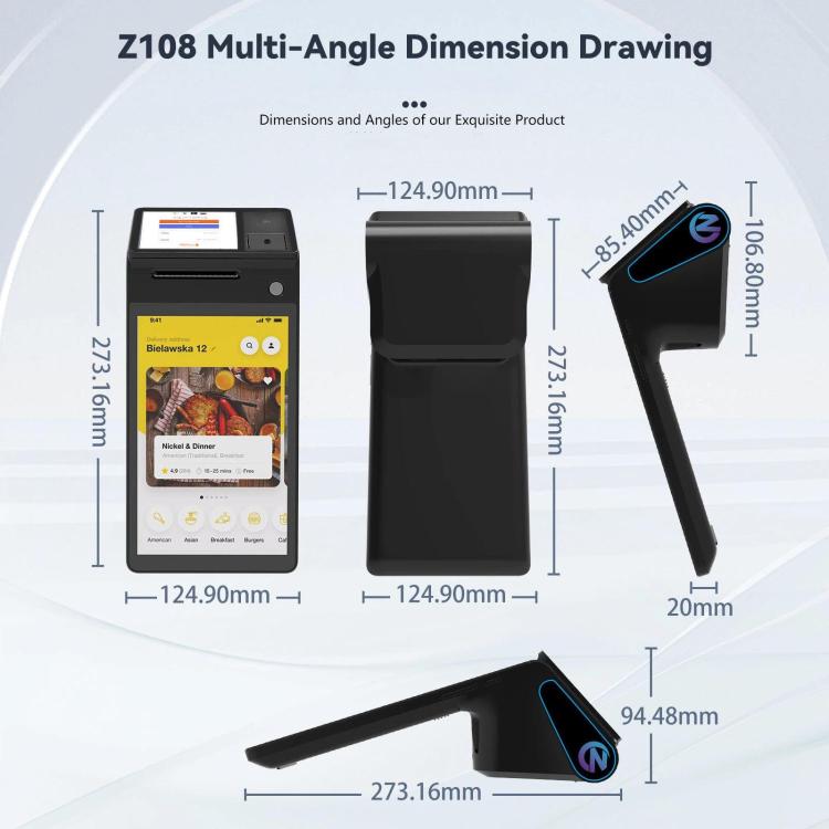 Registratore di cassa POS portatile Android Z108, dispositivo di pagamento con doppio schermo touch e scansione per supermercati e ristoranti., 2.6 inch EU Plug, 3.9 inch EU Plug