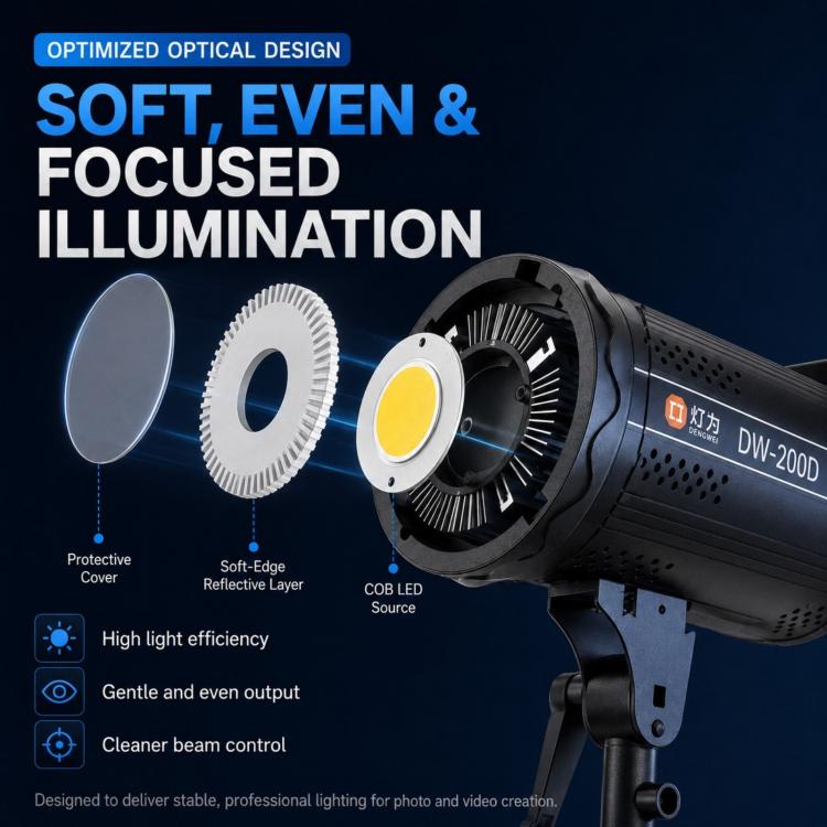 DENGWEI DW200D Luce video a LED COB da 200 W, emissione continua bilanciata luce diurna, lampada da studio, EU Plug, US Plug, UK Plug