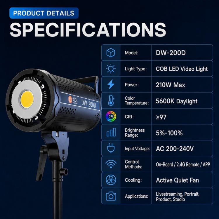 DENGWEI DW200D Luce video a LED COB da 200 W, emissione continua bilanciata luce diurna, lampada da studio, EU Plug, US Plug, UK Plug
