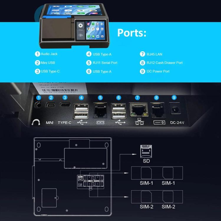 Z100 Registratore di cassa intelligente a doppio schermo con funzione di stampa, dispositivo multifunzione, terminale POS Android per hotel, ristoranti e supermercati, spina europea., 3.95 inch 58mm, 3.95 inch 80mm, 2.6 inch 58mm, 2.6 inch 80mm
