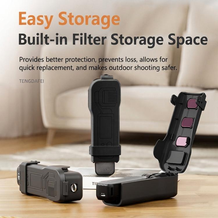 Custodia rigida protettiva per gimbal DJI Osmo Pocket 3 con 3 scomparti integrati per filtri e cover antigraffio.