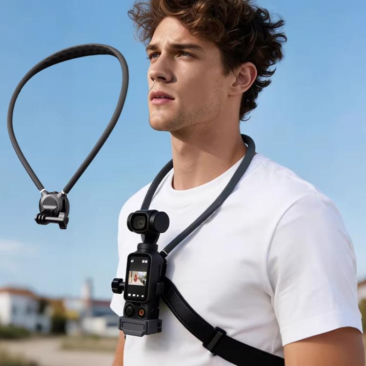 Supporto da collo per action camera con base girevole a 360 gradi a sgancio rapido, supporto per collana POV con cuscino d'aria e cinghia pettorale anti-vibrazione.