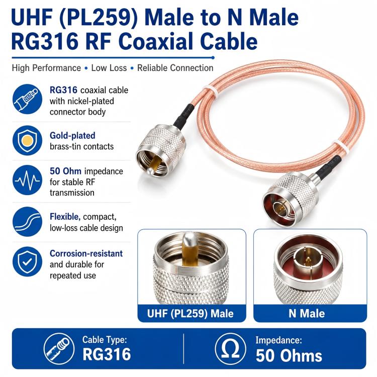 Cavo di prolunga RG316 da UHF maschio a N maschio, cavo coassiale RF, 0.1m, 0.15m, 0.3m, 1m, 2m, 3m, 5m