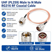 Cavo di prolunga RG316 da UHF maschio a N maschio, cavo coassiale RF, 0.1m, 0.15m, 0.3m, 1m, 2m, 3m, 5m