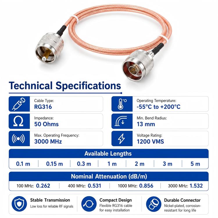Cavo di prolunga RG316 da UHF maschio a N maschio, cavo coassiale RF, 0.1m, 0.15m, 0.3m, 1m, 2m, 3m, 5m